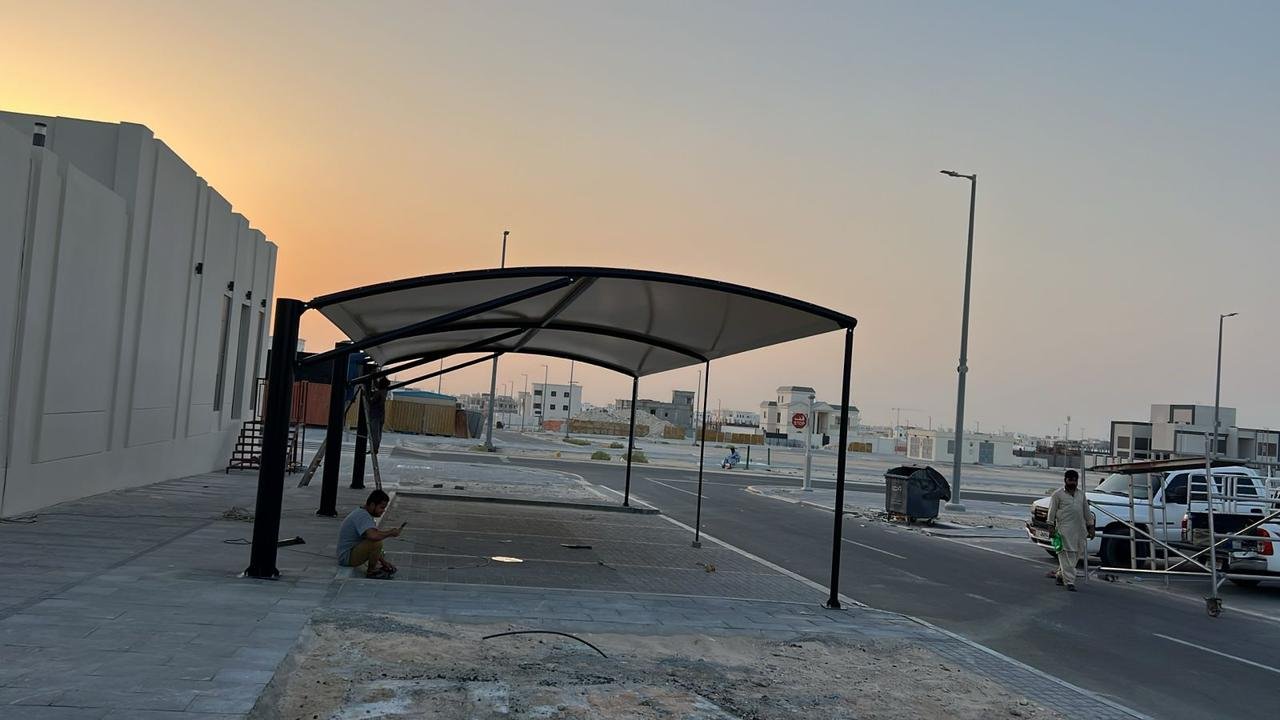 Car parking shade structure fabricated and installed by A R Aluminium and Glass, Musaffah M-25, Abu Dhabi