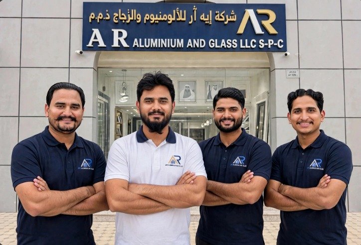 The A R Aluminium and Glass team outside our Musaffah M-25 showroom in Abu Dhabi