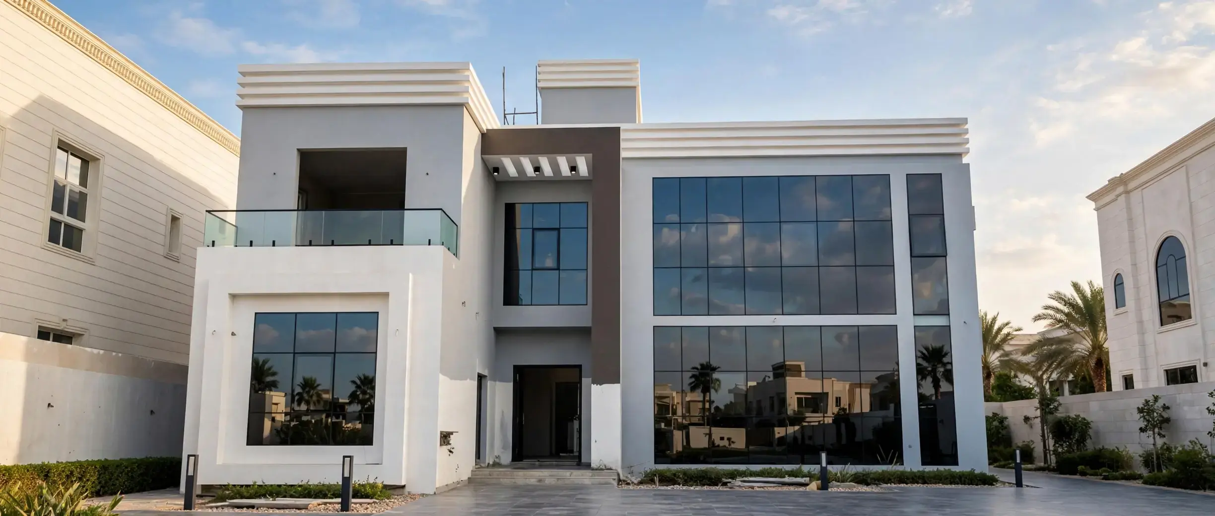 Front elevation of a private villa in Abu Dhabi with aluminium and glass facade work by A R Aluminium and Glass