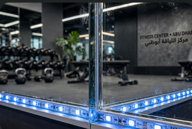 Gym mirror glass installation by A R Aluminium and Glass in Abu Dhabi