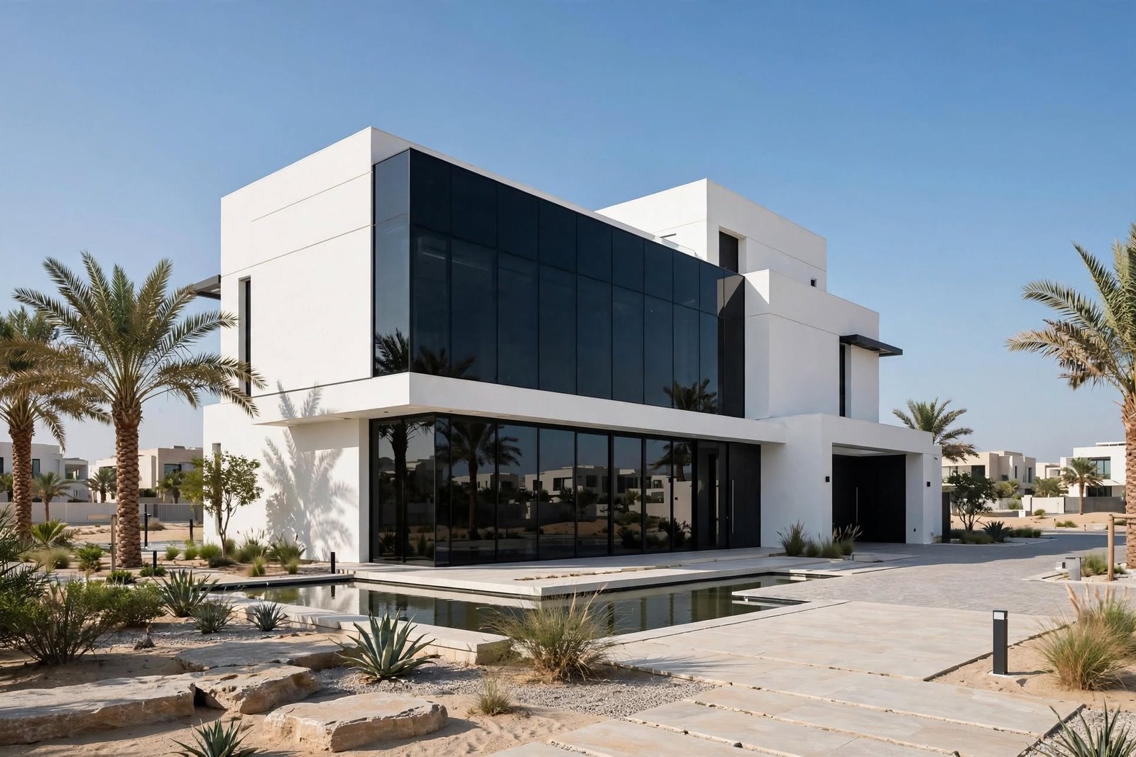 Full-height glass curtain wall on a modern villa facade in Abu Dhabi